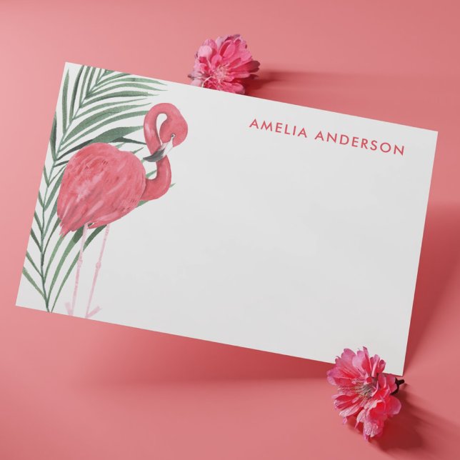 Cute Neon Pink Flamingo Tropical Palm Leaf  Note Card (Creator Uploaded)