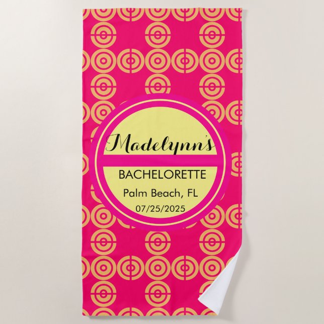 Cute Neon Pink Wedding Party Favor Personalized  B Beach Towel (Front)