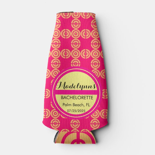 Cute Neon Pink Wedding Party Favor Personalized  Bottle Cooler (Front)