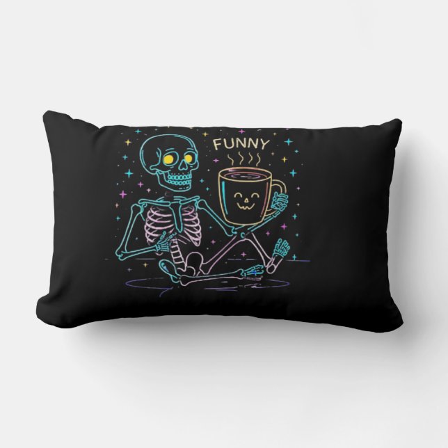 Cute Neon Skeleton Drinking Coffee – Funny Pastel  Lumbar Pillow (Front)