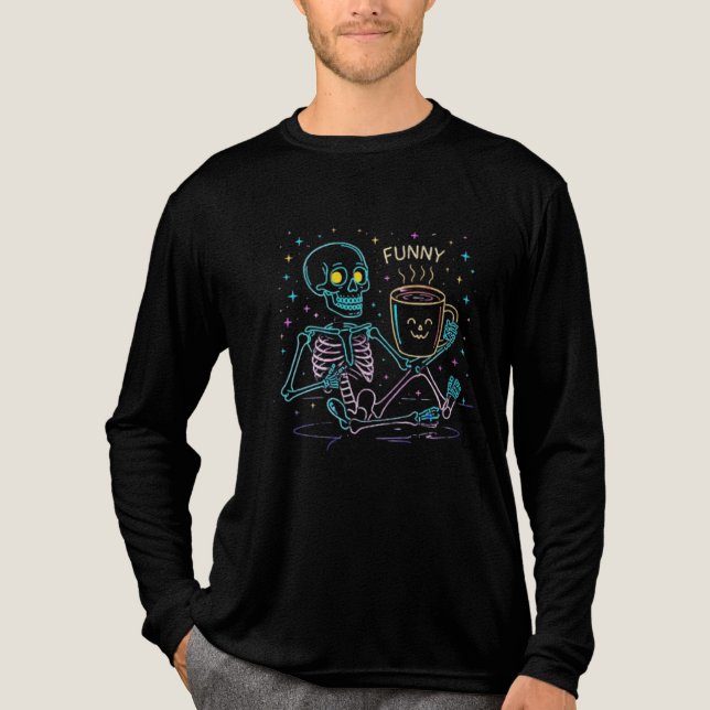 Cute Neon Skeleton Drinking Coffee – Funny Pastel  Tri-Blend Shirt (Front)