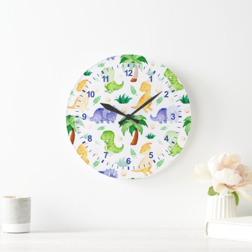 Cute Neon Watercolor Dinosaur Pattern Large Clock