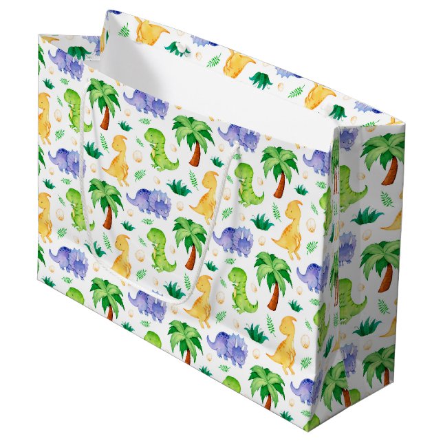 Cute Neon Watercolor Dinosaur Pattern Large Gift Bag (Front Angled)