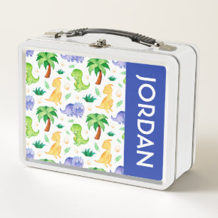 Cute Neon Watercolor Dinosaur Pattern Metal Lunch Box