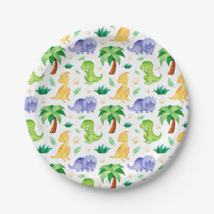 Cute Neon Watercolor Dinosaur Pattern Paper Plates
