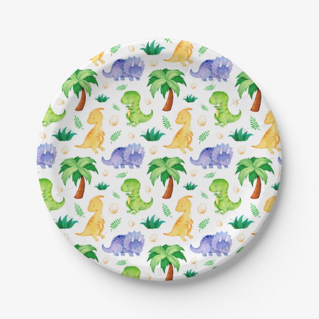 Cute Neon Watercolor Dinosaur Pattern Paper Plates (Front)