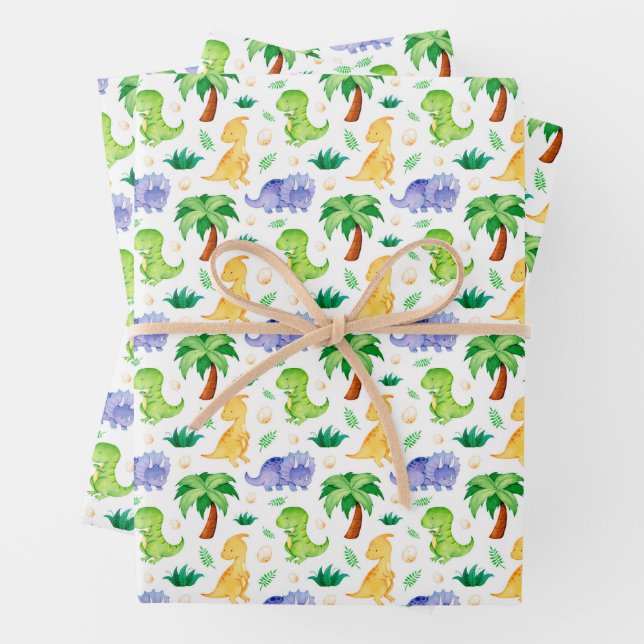 Cute Neon Watercolor Dinosaur Pattern Wrapping Paper Sheets (In situ)
