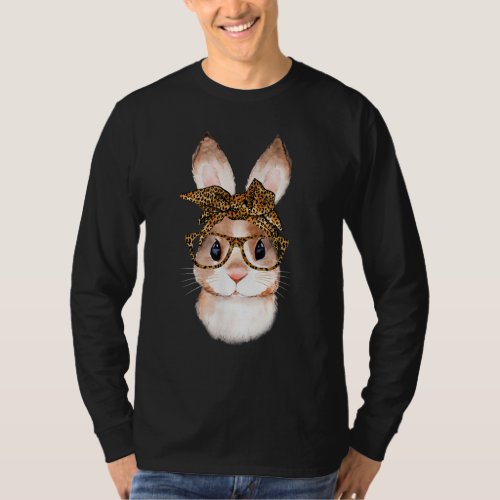 Cute Nerd Easter Bunny Mom Leopard Bandana Glasses T_Shirt
