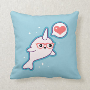 Cute Nerd Narwhal Throw Pillow