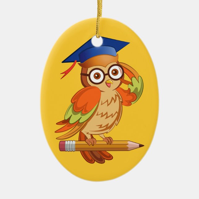 Cute nerd owl on top of a pencil ceramic ornament (Front)