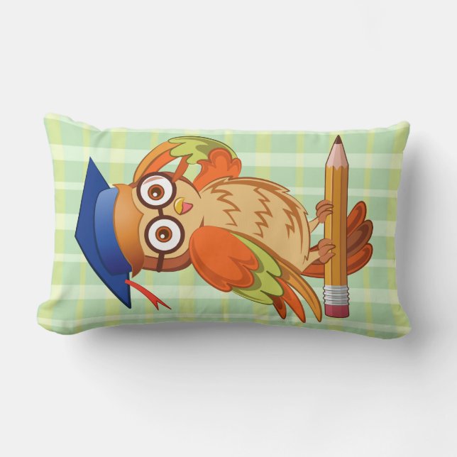 Cute nerd owl on top of a pencil lumbar pillow (Front)