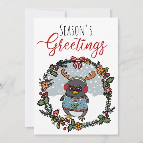 Cute Nerd Penguin Cartoon Seasons Greetings Holiday Card