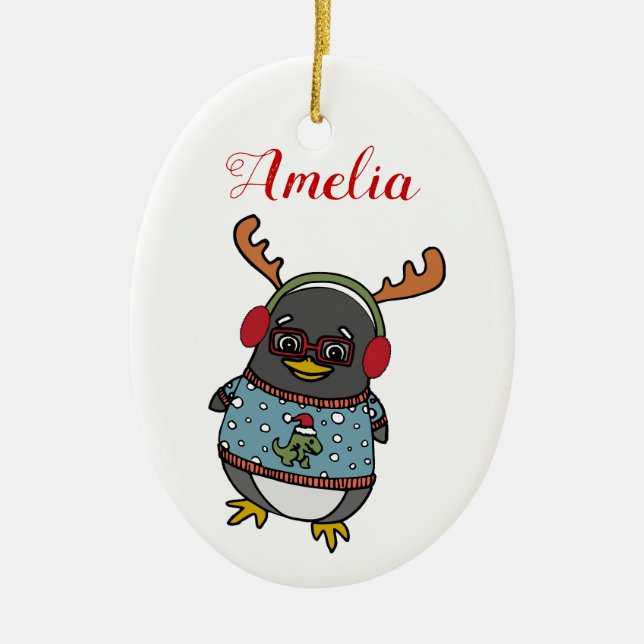 Cute Nerd Penguin | Custom Name Christmas Ceramic Ornament (Front)