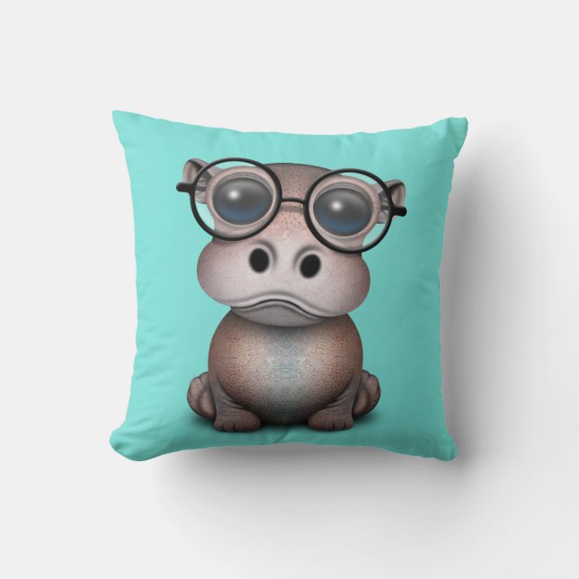 Cute Nerdy Baby Hippo Wearing Glasses Throw Pillow (Front)