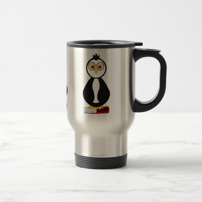 Cute Nerdy Bookworm Penguin Travel Mug (Right)