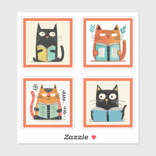 Cute Nerdy Cats Reading Books Whimsical Stamp Pack Sticker (Sheet)