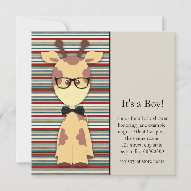 Cute Nerdy Geek Giraffe Baby Boy Shower Invitation (Front)
