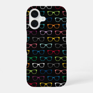 Cute Nerdy Hipster Glasses Pattern Colorful Black iPhone 16 Case