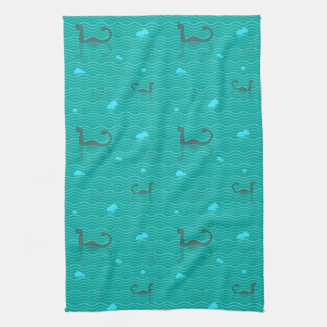 Cute Nessies Iceburgs And Fish On A Blue Sea Kitchen Towel (Vertical)