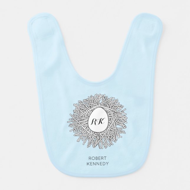 Cute Nest & Egg Personalized Initials & Name Blue Baby Bib (Front)