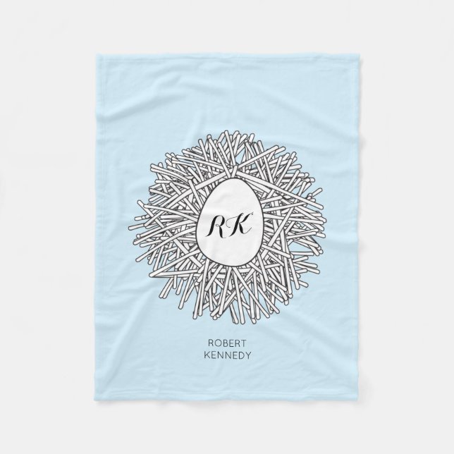 Cute Nest & Egg Personalized Initials & Name Blue Fleece Blanket (Front)