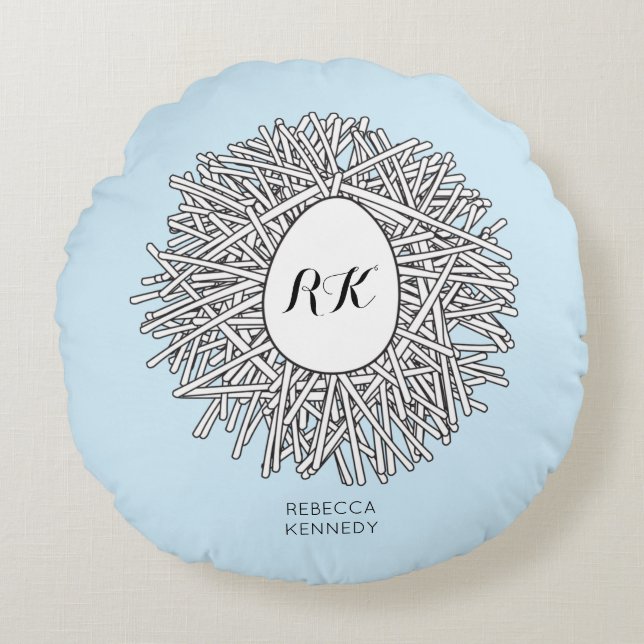 Cute Nest & Egg Personalized Initials & Name Blue Round Pillow (Front)