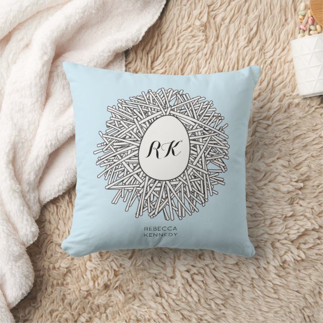 Cute Nest & Egg Personalized Initials & Name Blue Throw Pillow (Blanket)