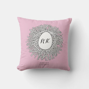 Cute Nest & Egg Personalized Initials & Name Pink Throw Pillow