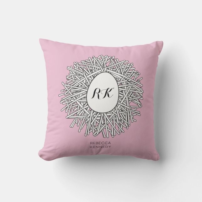 Cute Nest & Egg Personalized Initials & Name Pink Throw Pillow (Front)