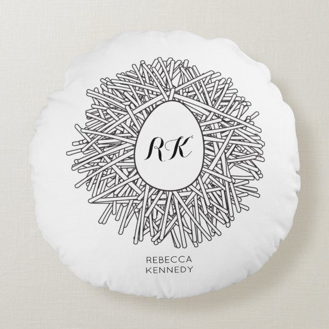 Cute Nest & Egg - Personalized Initials & Name Round Pillow (Front)