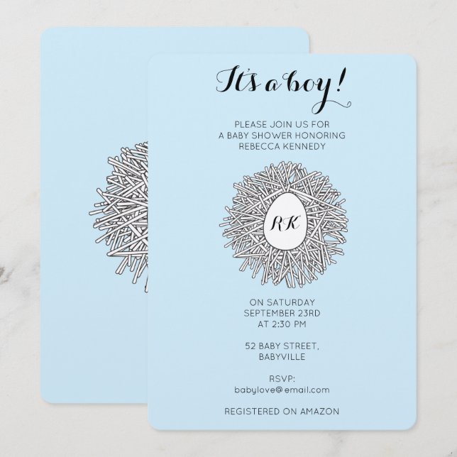 Cute Nest Monogram Baby Boy Baby Shower  Invitation (Front/Back)