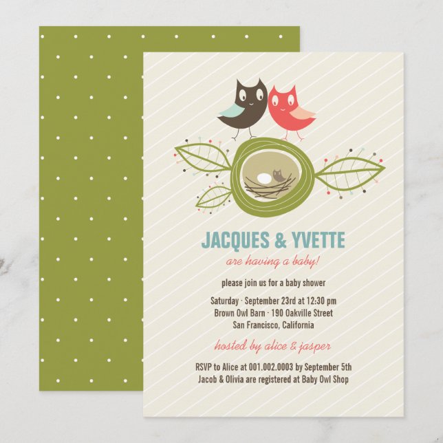 Cute Nesting Owl Family Couple Baby Shower Invite (Front/Back)