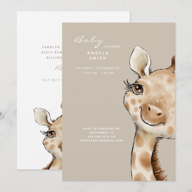 Cute Neutral Beige Baby Giraffe Baby Shower Invitation (Front/Back)