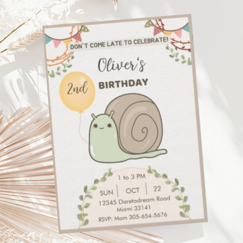 Cute Neutral Beige Snail Birthday Party Invitation