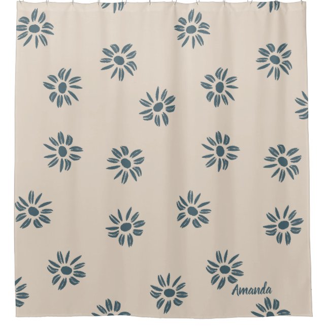 Cute Neutral Blue Beige Monogram Name Shower Curtain (Front)