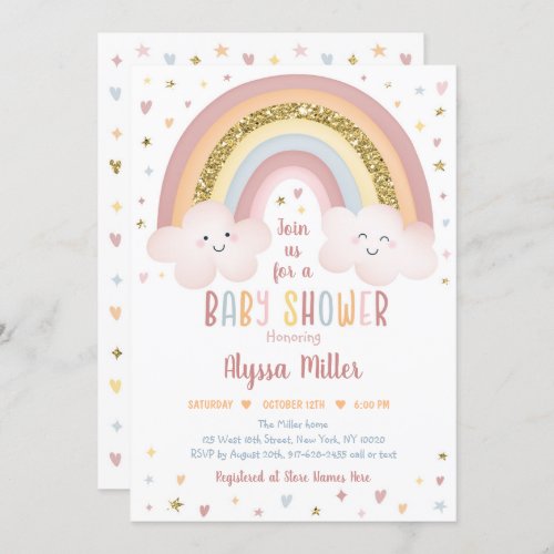 Cute Neutral Boho Rainbow Clouds Baby Shower Invitation