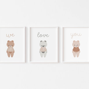 Cute Neutral Boho Teddy Bear We Love You Nursery Wall Art Sets