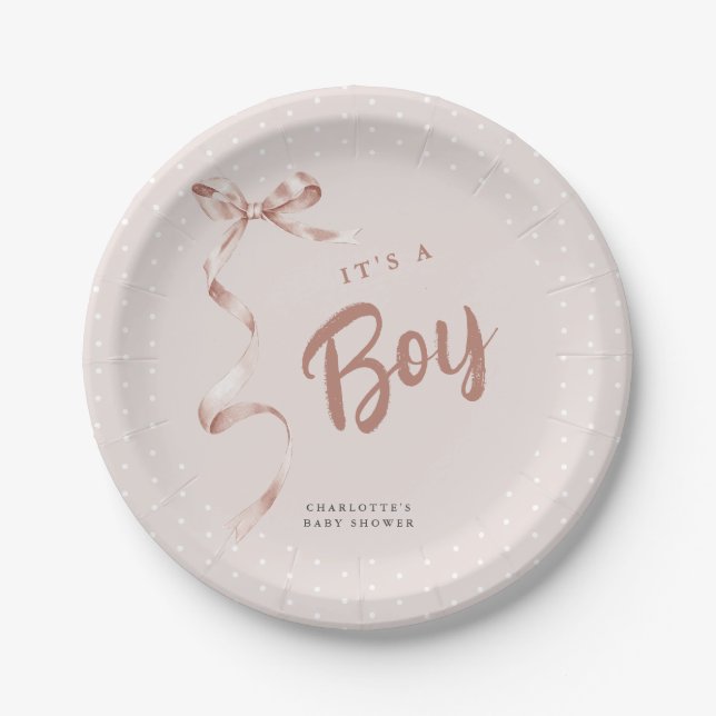 Cute Neutral Bow Ribbon Boy Baby Shower Paper Plates (Front)