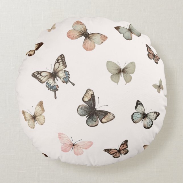 Cute Neutral Butterflies, Muted Tones Pale Pink Round Pillow (Front)