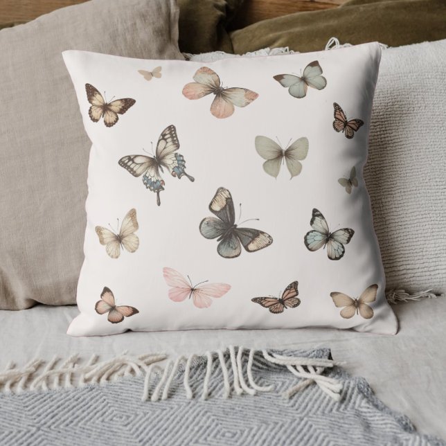 Cute Neutral Butterflies, Muted Tones Pale Pink Throw Pillow (Add a touch of whimsy with this butterfly pillow. Perfect for a charming and playful decor touch.)