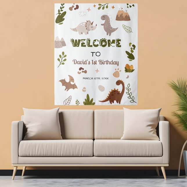 Cute Neutral Dinosaur Party Tapestry Welcome Sign (Creator Uploaded)