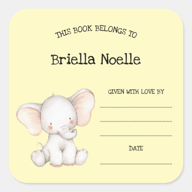Cute neutral elephant baby shower bookplate (Front)