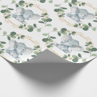 Cute Neutral Elephant Greenery Gold Baby Birthday Wrapping Paper