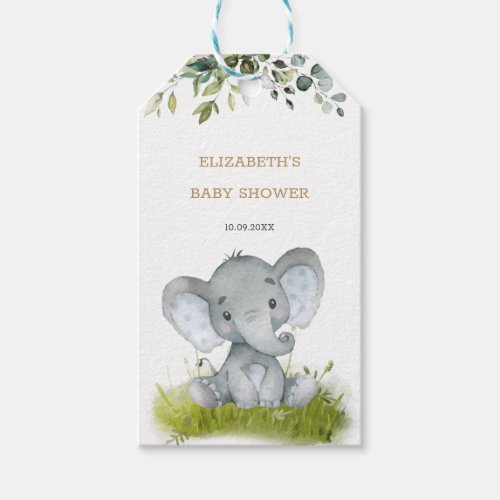Cute Neutral Elephant Greenery Gold Baby Shower Gift Tags