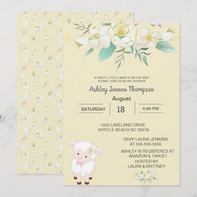 Cute  Neutral Floral Lamb  Baby Shower Invitation (Front/Back)