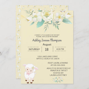 Cute Neutral Floral Lamb Baby Shower Invitation