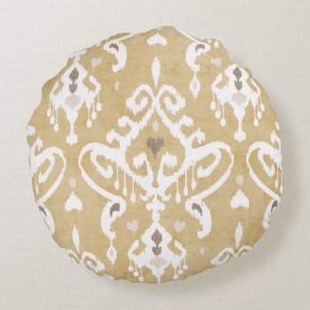 Cute Neutral Gold Beige Ikat Tribal Patterns Round Pillow by TintAndBeyond at Zazzle