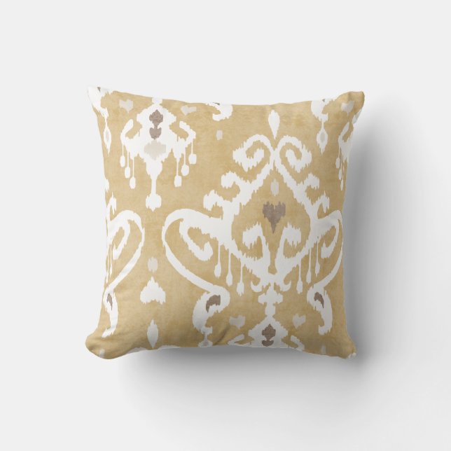 Cute neutral gold beige ikat tribal patterns throw pillow (Front)