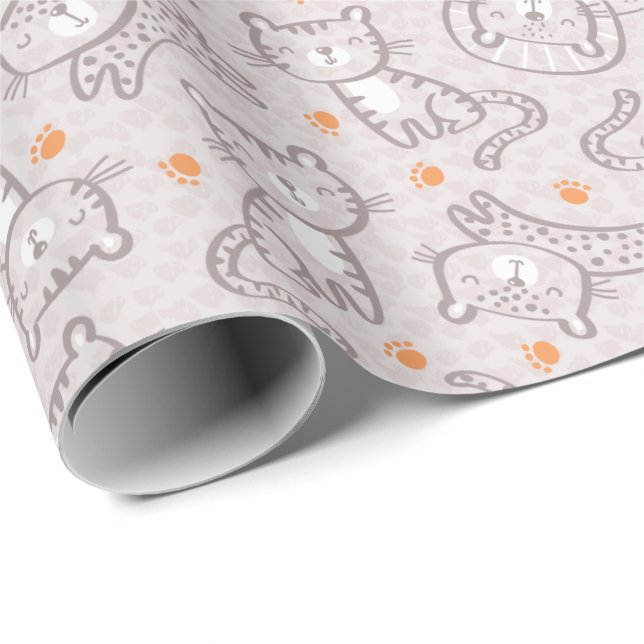 Cute neutral Jungle Animals with orange footprints Wrapping Paper (Roll Corner)