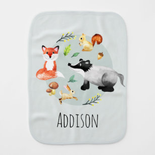Cute Neutral Modern Woodland Forest Animals Name Baby Burp Cloth